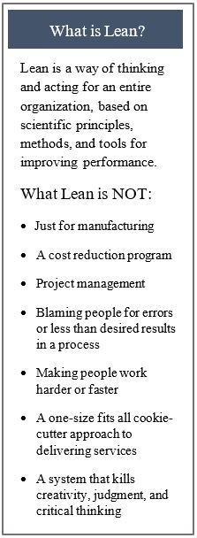 Lean is a way of thinking and acting for an entire organization, based on scientific principles, methods, and tools for improving performance. It is NOT only for manufacturing, a cost reduction program, project management, blaming people for errors, making people work harder or faster, a one-size fits all approach to delivering services, and a system that kills creativity, judgement, and critical thinking.