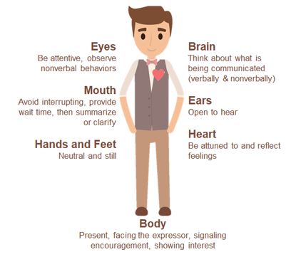 Be Attentive, observe nonverbal bahaviors with your eyes. Avoid interrupting, provide wait time, then summarize or clarify with your mouth. Your hands and feet should be neutral and still. Think about what is being communicated (verbally & nonverbally). Your ears open to hear. Be attuned to and reflect feelings with your heart. Your body should be present, facing the expressor, signaling encouragement, and showing interest.